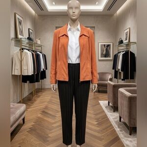 Women’s Orange Jacket with Tailored Black Pinstripe Pants